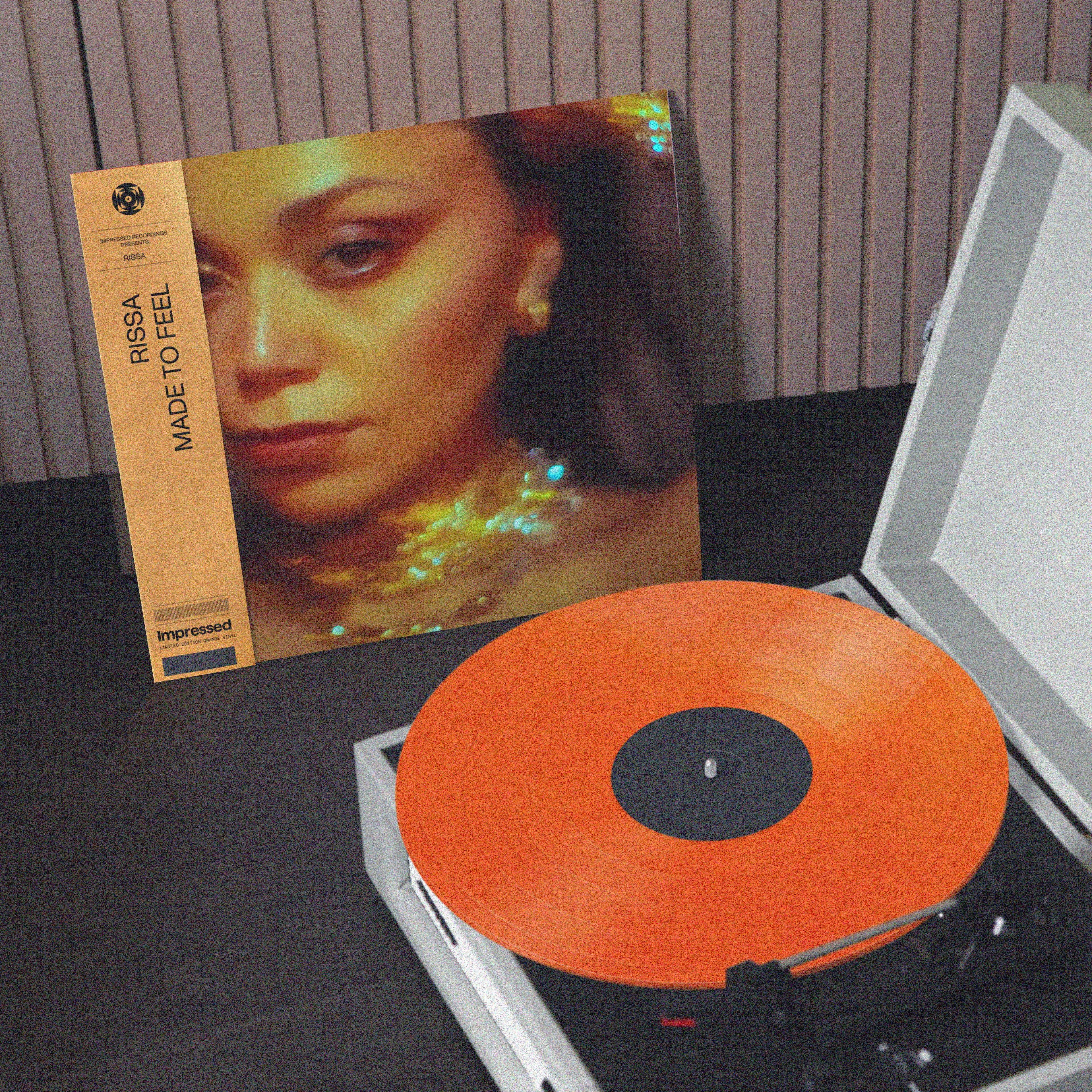 Rissa Lifestyle shot, Rissa vinyl, Made To Feel vinyl EP, Rissa Vinyl EP, orange vinyl, vinyl on turntable, exclusive vinyl, limited edition vinyl